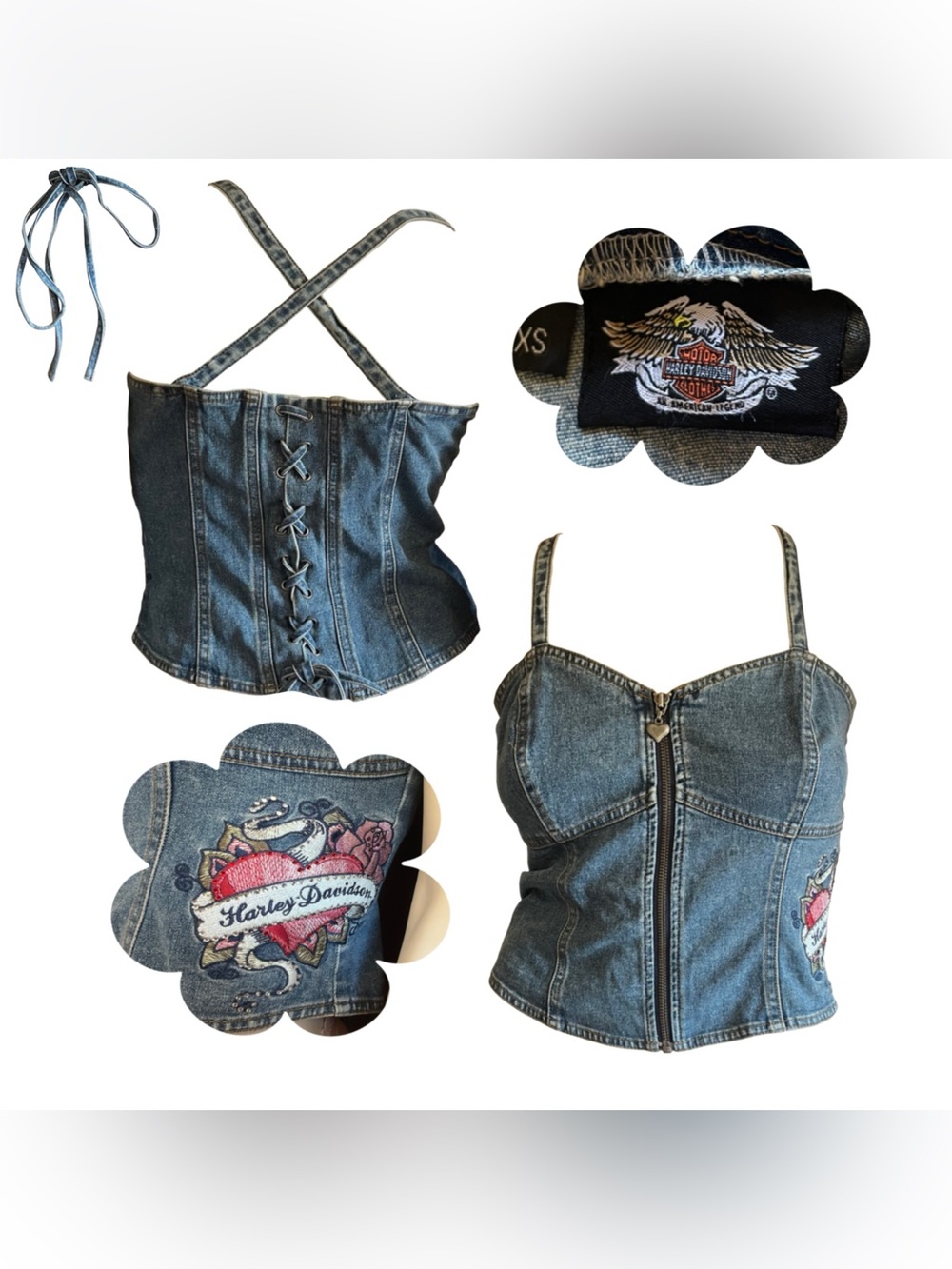 Vintage Y2K Denim Harley Davidson Zip Front Lace Up Back Top w/ Heart Embroidery
